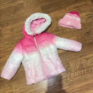 Used toddler girl winter coat. Double layer very warm no damage. Come with hat